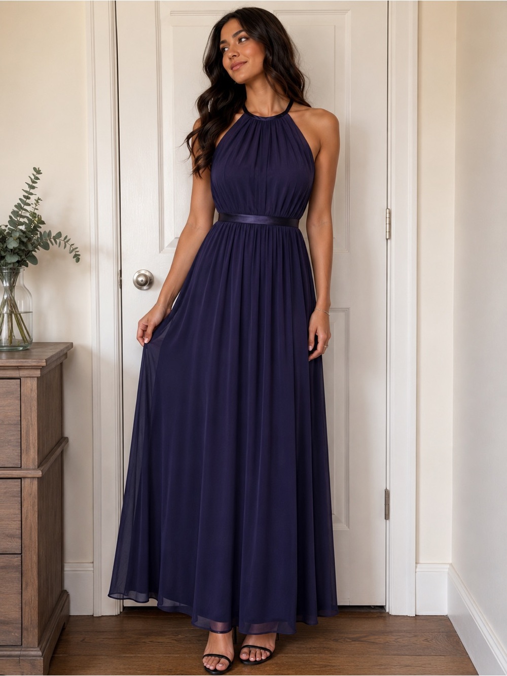 Sorella Vita Purple Chiffon Maxi Wedding Guest Dress Halter Open Back Formal 8